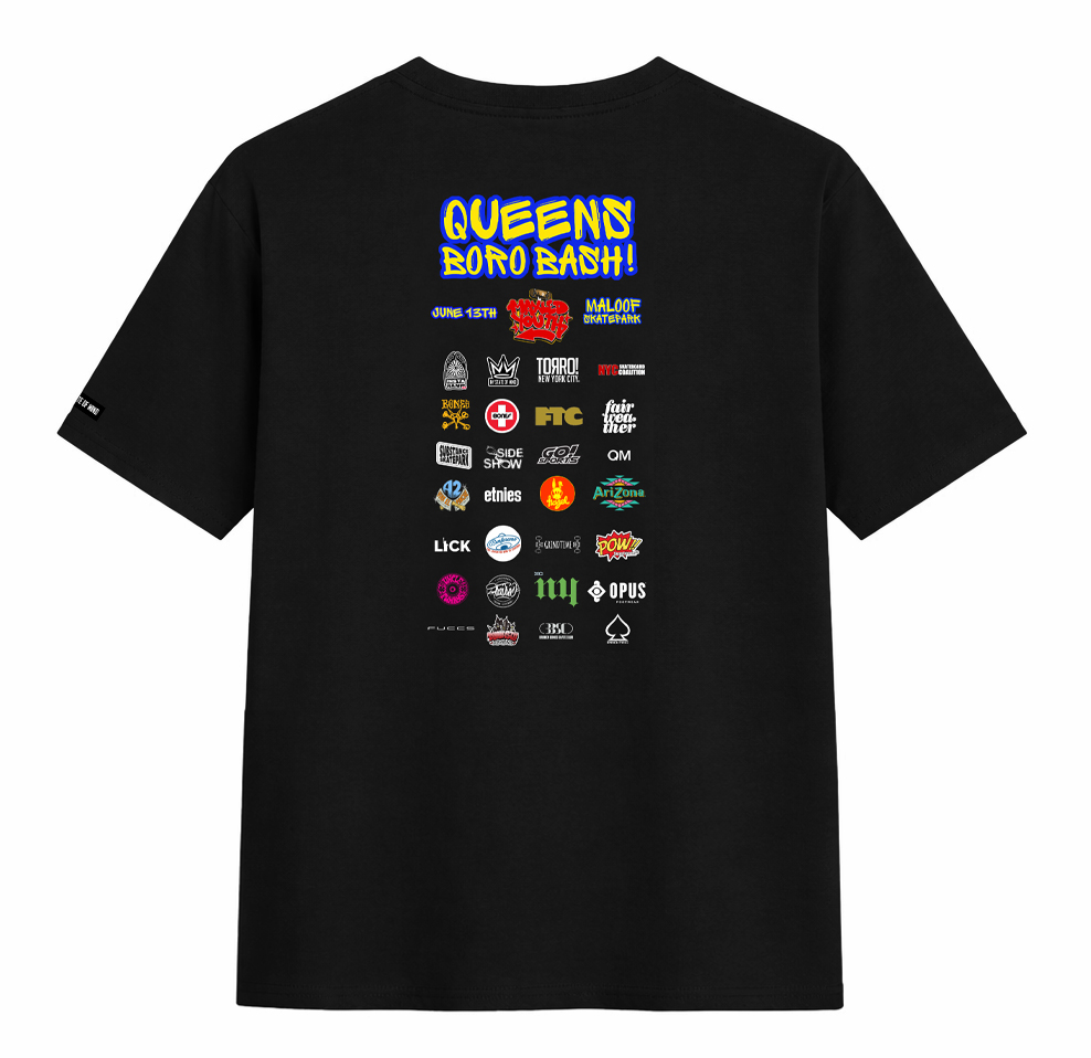 Queens Boro Bash limited edition shirt — back with sponsor logos
